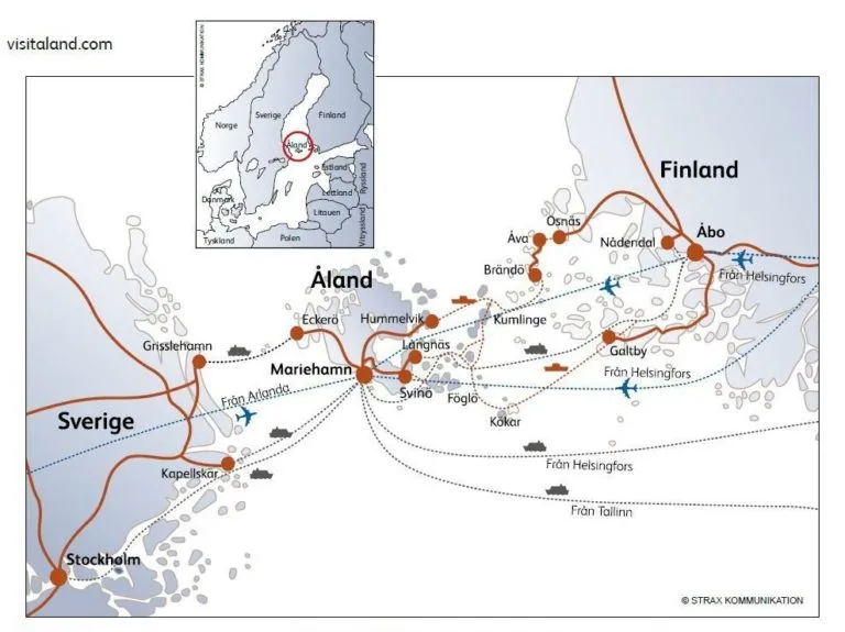 karta över resvägar till Åland